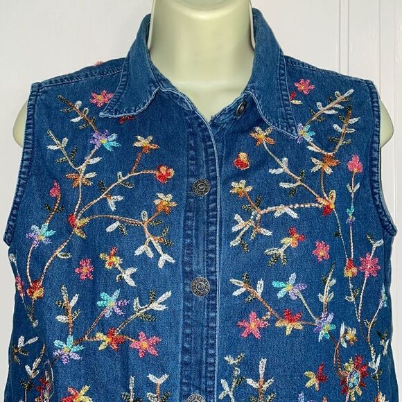 Vtg 80s/90s Life Style blue denim cotton sleeveless floral embroidered shirt - Picture 2 of 8